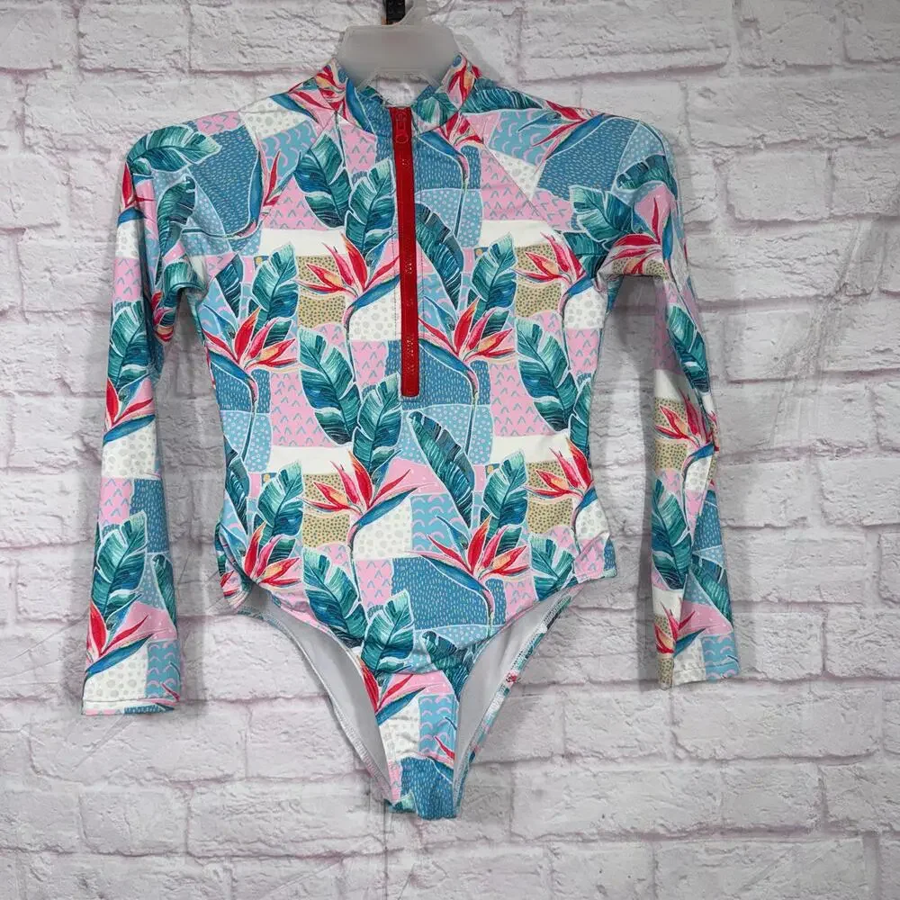 Tropical Print Medium Long Sleeve One-Piece Swimsuit